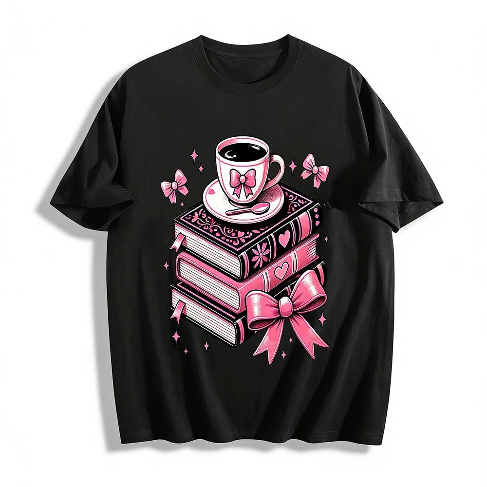 

Cute Bow Coffee Book Print Casual Top Pure cotton T-shirt XXS