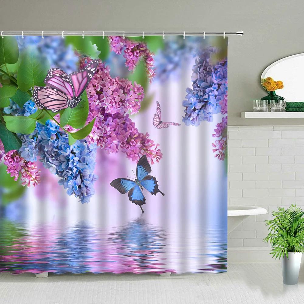 Plant Series Shower Curtains Bathroom Waterproof Polyester Cloth Curtain Set Flowers Print Screens For Bathtub Decor With Hooks