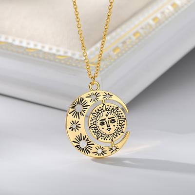 K Gold-plated Stainless Steel Simple Sun and Moon Portrait Necklace Women's Daily Wear
