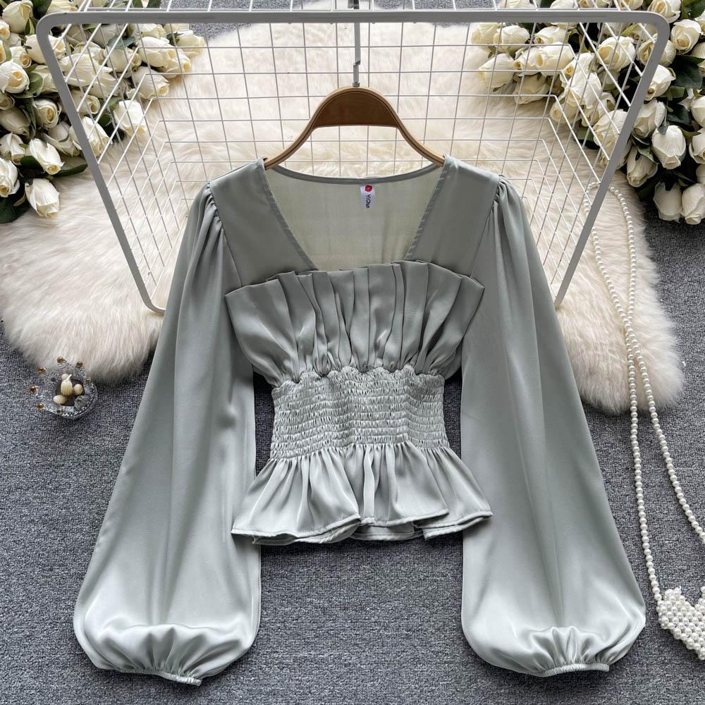 RUGOD Dámská podzimní košile s úzkým pasem a čtvercovým límcem, krásná košile s dlouhým rukávem