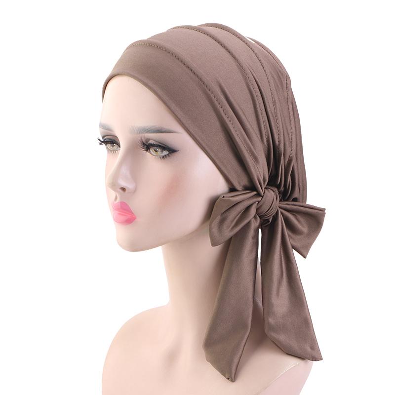 NEW Solid color long tail headscarf hat Women Chemo Hat breathable base cap Muslim Headscarf Hat