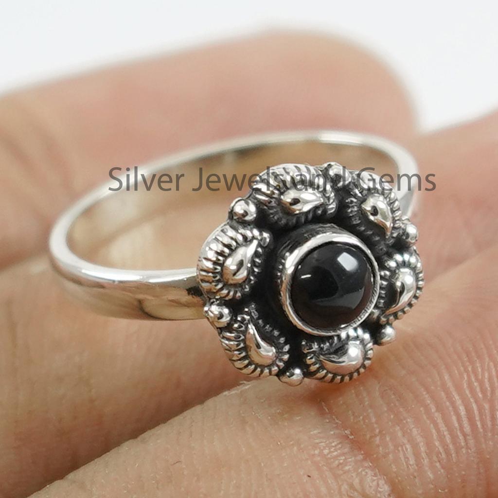 Black Onyx Sterling Silver Ring, Dainty December Birthstone