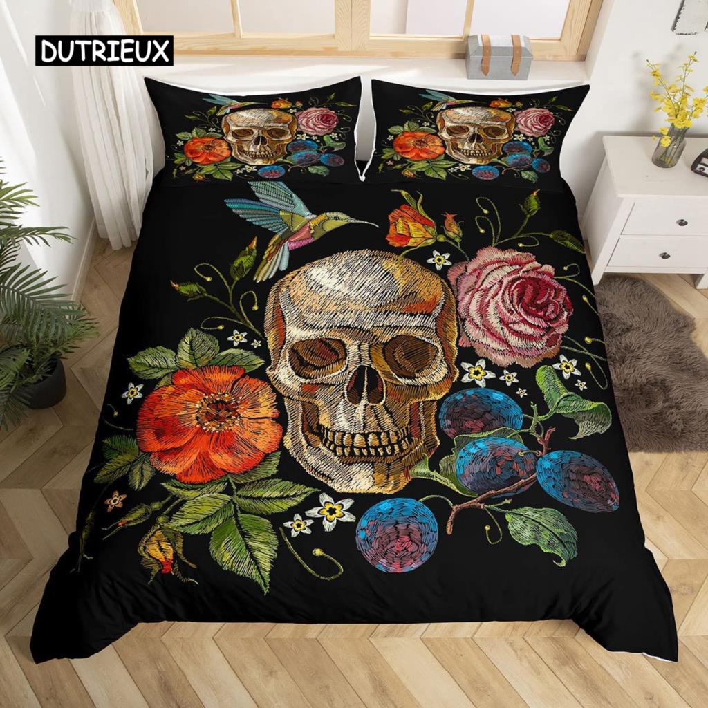 Sugar Skull Comforter Cover Set Teen Girl Bedding Set,Sugar Skull Decor Bedding Skull Roses Floral Print Duvet Cover Set