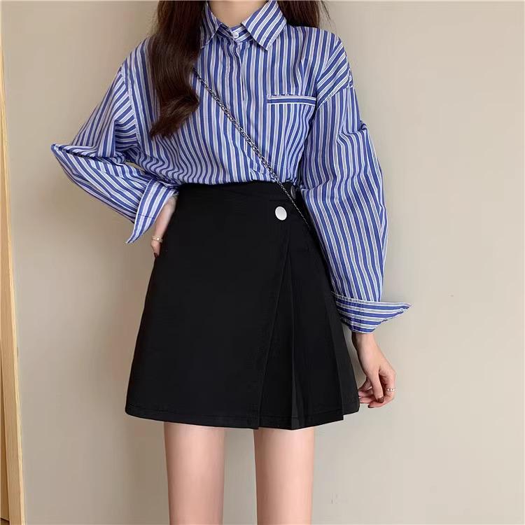 2024 Spring Women's Black High-Waist Irregular A-Line Skirt, Korean Style