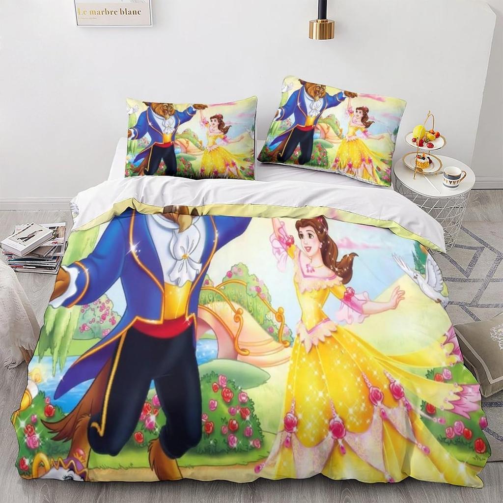 Anime movie Beauty And The Beast Duvet Cover Set,Microfiber Comforter Cover Boys Girls 2pcs Bedding Set Quilt Cover with Zipper