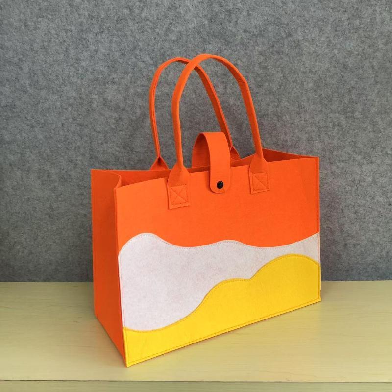 Reusable Felt Tote Bag Wavy Color Block Design Snap Closure Large Capacity for Picnic Shopping Office Commute