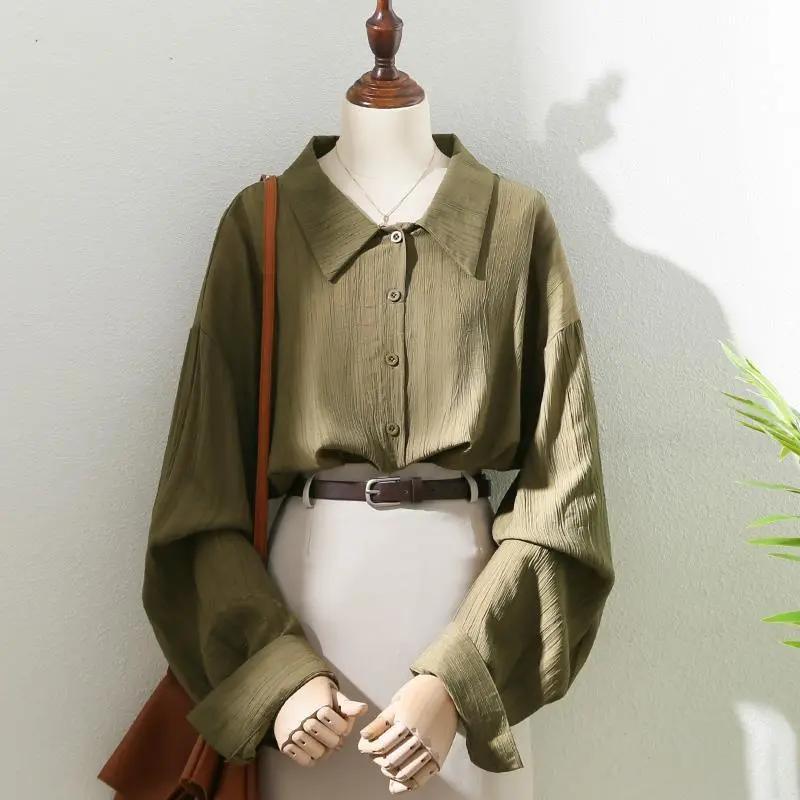 Spring and Summer Women's Vintage Long Sleeve Shirt Women Top Office Lady Polo Collar Casual