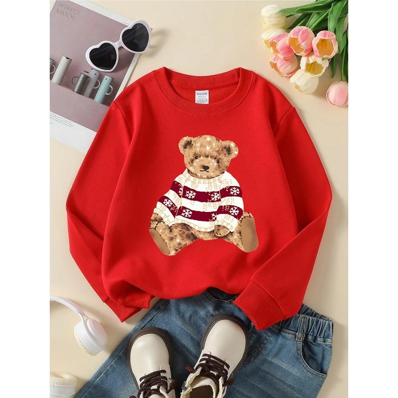 Kids Unisex Crewneck Sweatshirt, Cute Fuzzy Teddy Bear Wearing Snowflake Striped Sweater Print Soft Fleece Pullover For Kids Over 4 Years Old