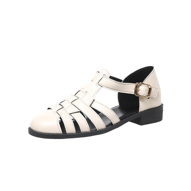 

Baotou sandals women s spring and summer new women s shoes one-word buckle belt hollow thick heel low heel Roman shoes retro leather shoes 40 бежевый