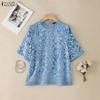 ZANZEA Women Casual Stand Collar Half Sleeve Lace Embroidery Patchwork Blouse