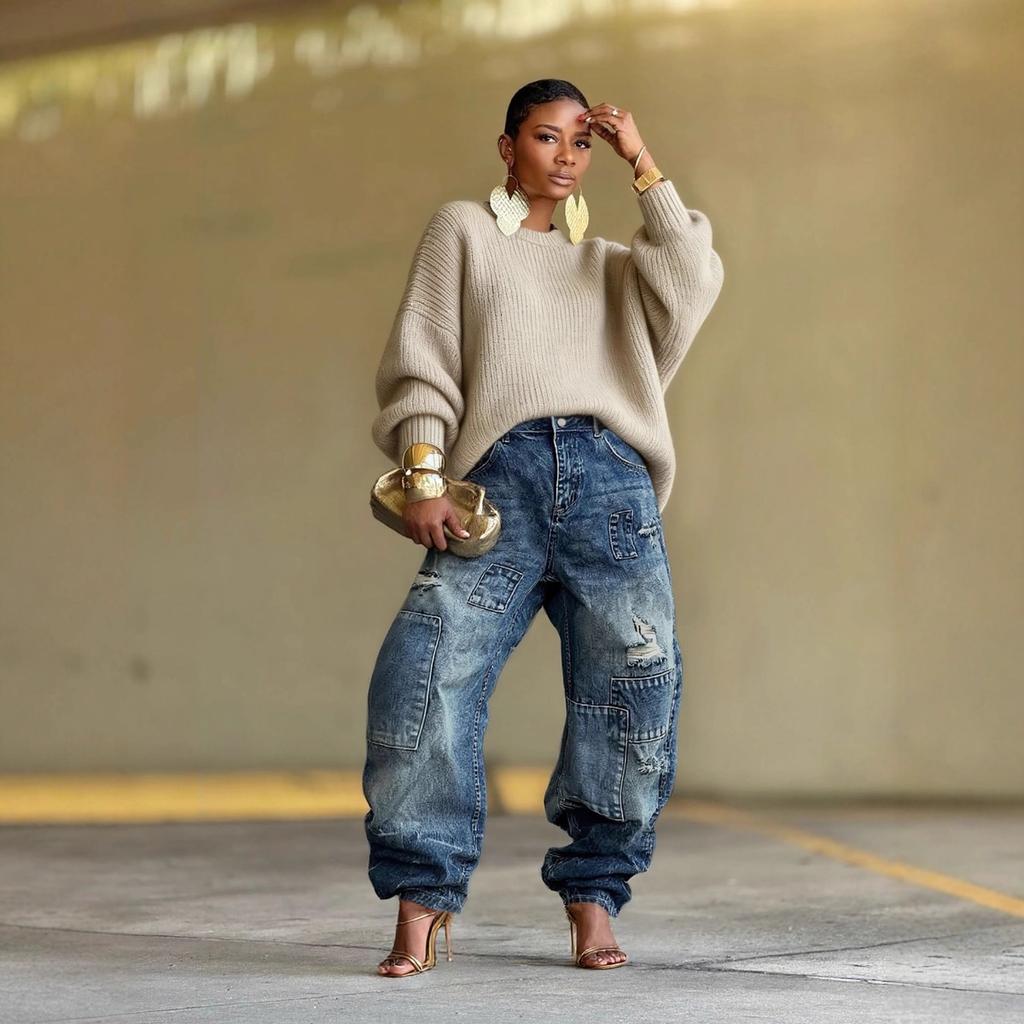 Γυναικείο Παντελόνι Jeans Baggy με Ψηλή Μέση, Μπαλώματα, Φθαρμένο, Ίσιο Πόδι, 2026 Άνοιξη, Streetwear, Μη Ελαστικό Τζιν