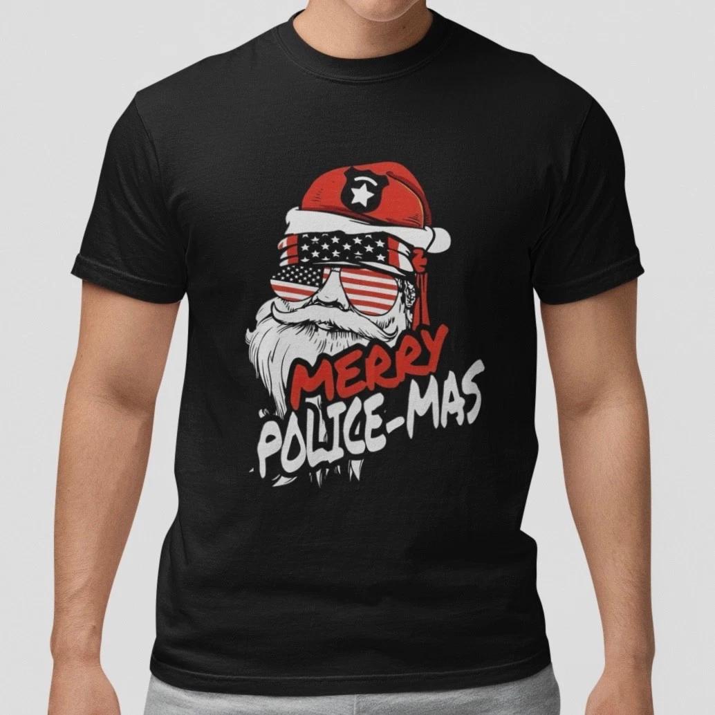 

Police Santa Christmas Shirt Patriotic Sunglasses Funny Graphic Tee Holiday Gift M