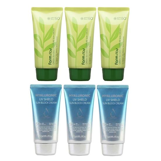 FARM STAY Green Tea Seed Moisture Sun Cream 70g & Hyaluronic UV Shield Sun Block Cream SET (2 Options)