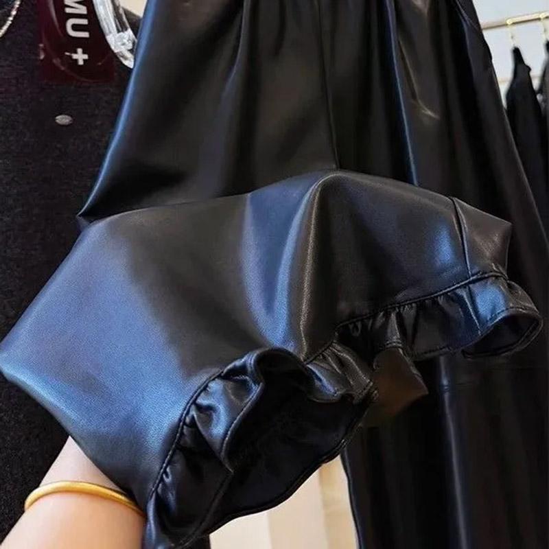 Leather Pants for Women Elastic High Waist Long Trousers Plus Size Thickened Stretchy Solid Colour Versatile Casual Wide Leg Pants