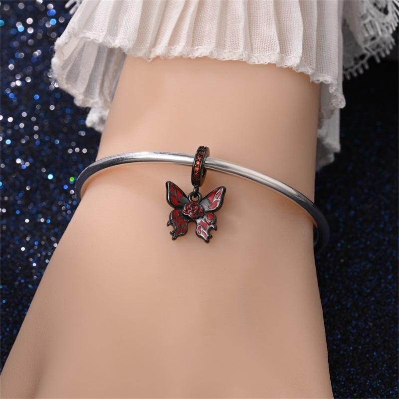 Copper Metal Halloween Blood-Red Butterfly Rose Pendant Bead Component Gothic Charm Bead Component Compatible With Authentic Original Charm Bead