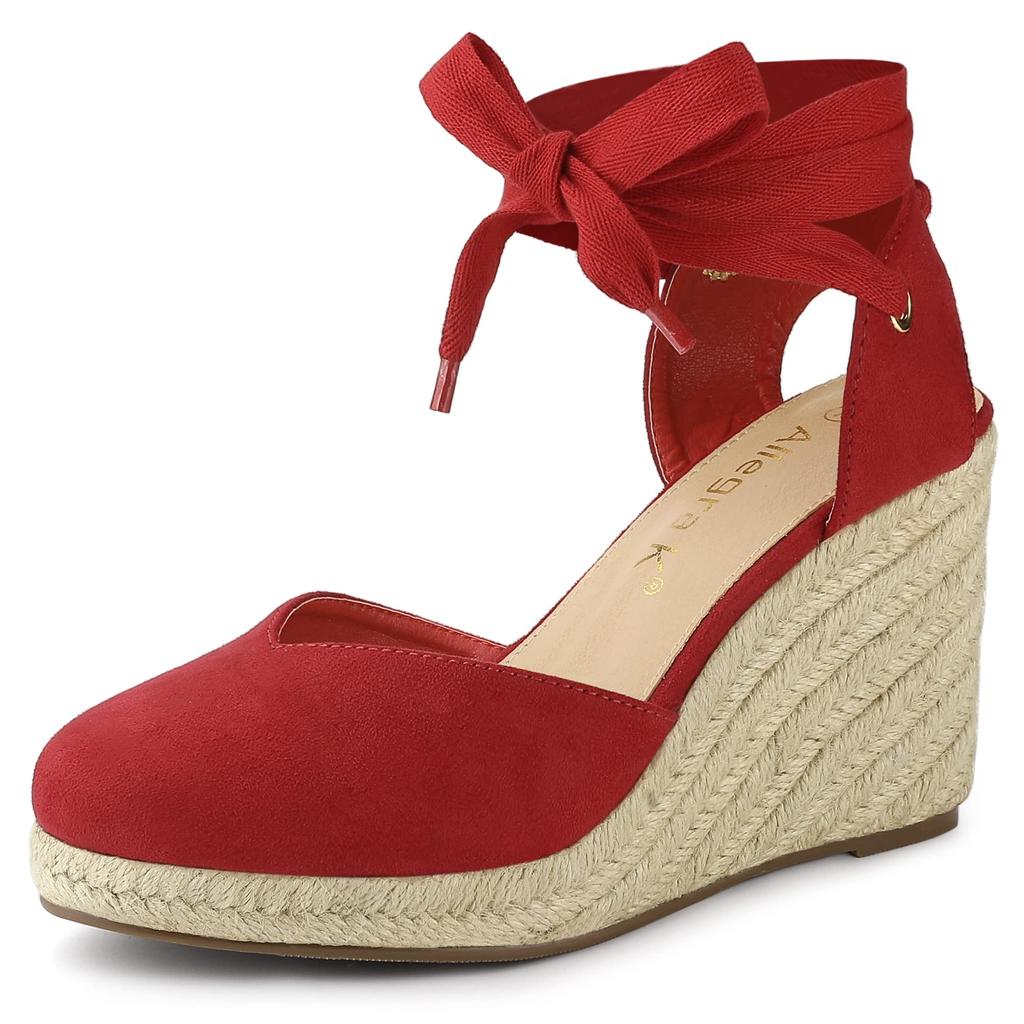 Allegra K Women's Red Wedge Sole Lace-Up Sandals with Espadrilles and Platform Wedge Heels, Size 23.0cm