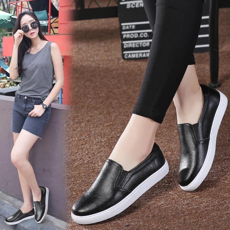 Spring Plus Size Women's Genuine Leather Slip-On White Flats - Casual, Breathable, Korean Style