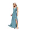 European & American Women’s Chiffon A-Line Evening Dress with Double V-Neck, Sleeveless Design, Slit, and Elastic Waist.