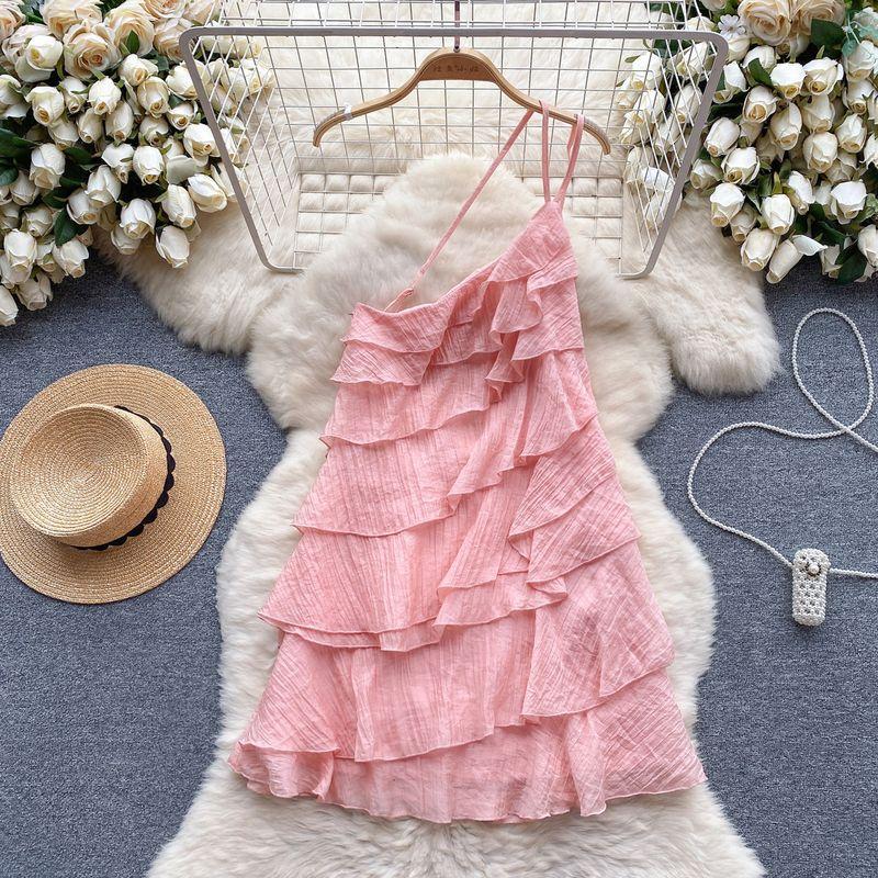 

Off-the-Shoulder Seaside Vacation Scheming Diagonal Collar Silm Dress Pink One size