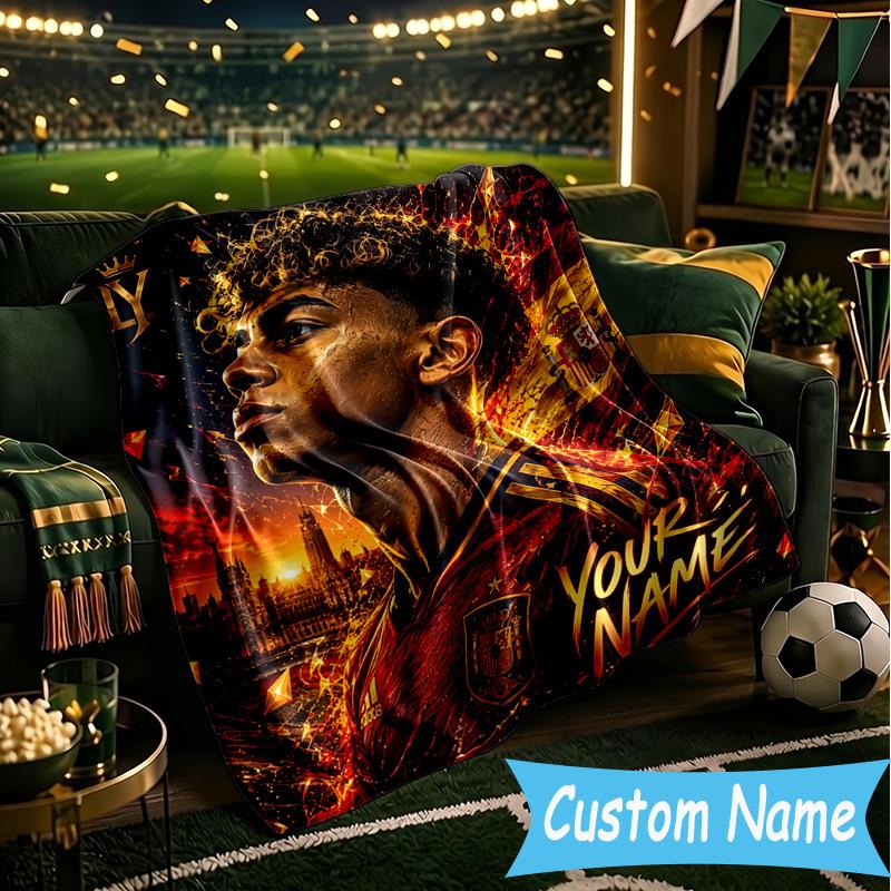 Custom Name Lamine Yamal Soccer Celebration Flannel Blanket, Use for Birthday/Holiday Gift, Soft Blanket for Sofa/Bed/Camping/Office, Home Decor