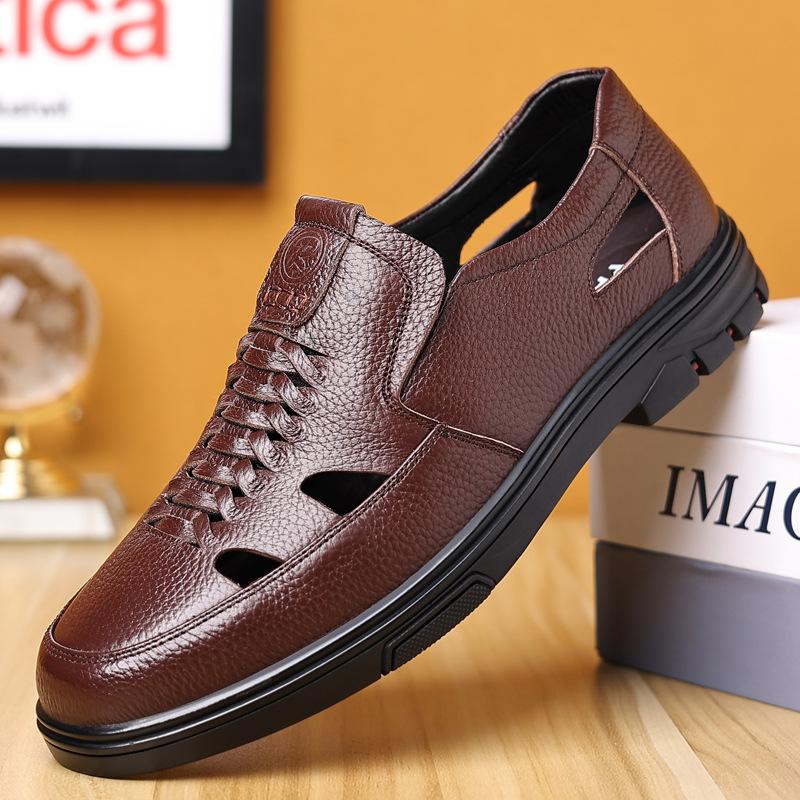 Mens Sandal 2024 Summer New Genuine Leather Sandals Soft Leather Soft Sole Cowhide Casual Hole Shoes Fashion Leather Shoes Male