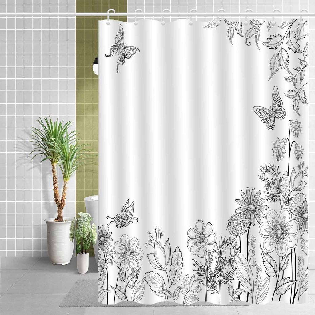 1pc black and white butterfly and flower pattern shower curtain, polyester fabric, machine washable, suitable for bathroom