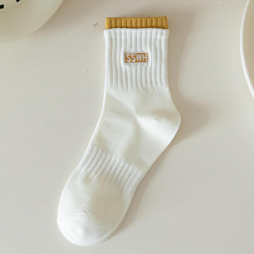 Dámské zimní bavlněné sportovní ponožky střední délky - Dvojité manžety, Vyšívaná písmena, Trendy, Teplé, Pohodlné.