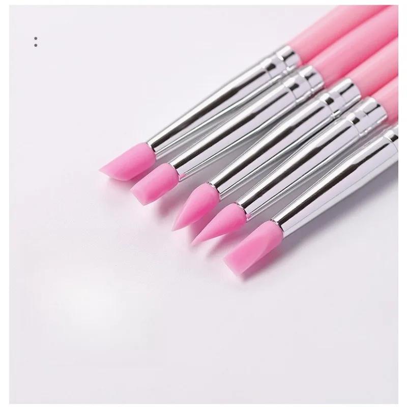 Durable Nail Art Silicone Pen Pink Rod Press Pen Dot Bead Embossed Powder Press Stick Nail Art Tools Rhinestone Tool 5PCS