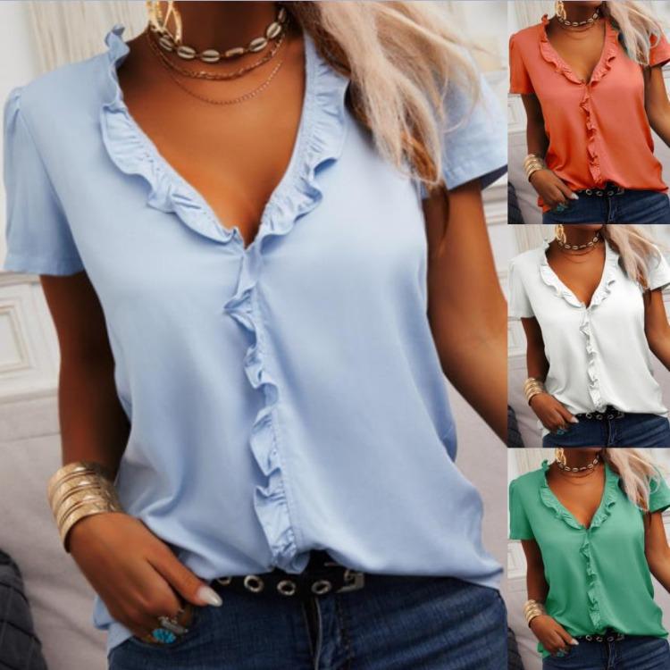 

Women s Short Sleeve Ruffled Top Solid Color Spring Summer Shirt S білий