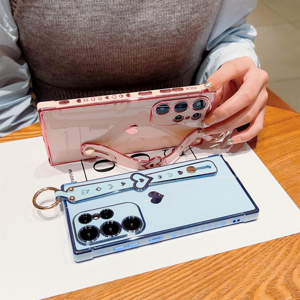 Für Samsung Galaxy S23 Ultra Hülle TPU Galvanisierung Liebesherz Muster Handyhülle Handschlaufe Halter