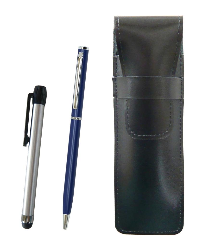 Slim Cowhide Leather Pen Case Black Metal Touch Stick Silver and Slim Rotating Ballpoint Pen Set Blue 2-Pack ASB-ALST-PD04-L-2