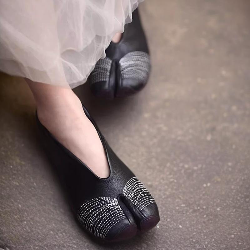 Fashion Women Genuine Leather Tabi Flats Woman Split Toe Pig Hoof Shoes Black Outdoor Walking Loafer Mary Janes Ballet Trainers Footwear
