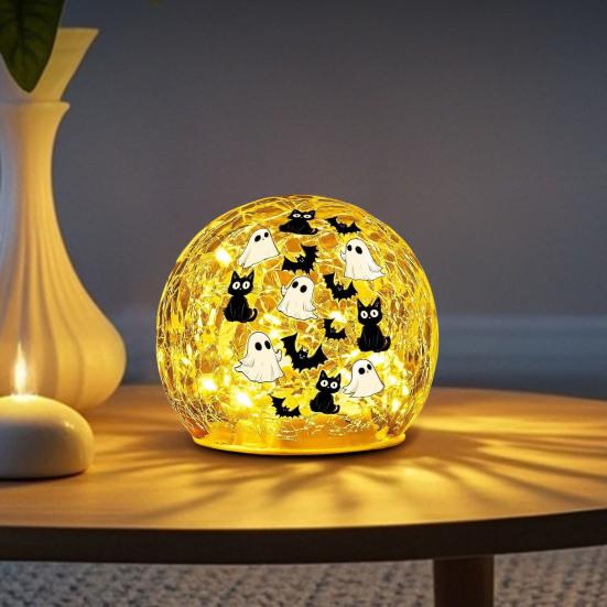 Crackle LED Glass Ball Lamp Halloween Ghost Bat Cat Cracked Ball Light with Warm Light for Halloween Walkway Path Garden Tabletop Decor