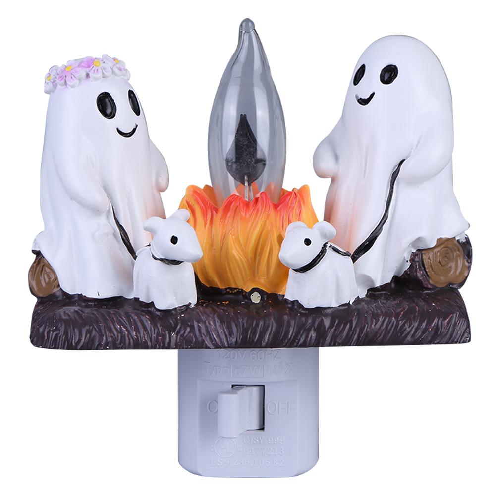Cute Ghost Campfire Flickering Night Light Resin Ghost Halloween Night Lamp 2 Ghosts Roasting Marshmallows at Campfire US Plug