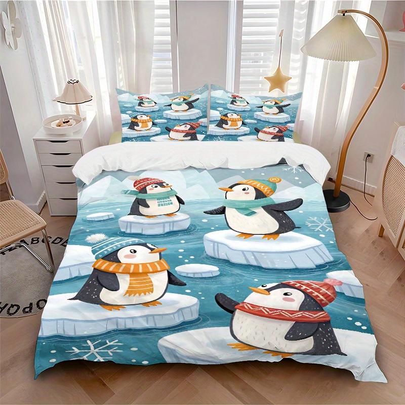 

3pcs set Penguin Winter 1 Quilt Cover + 2 Pillowcases, All Seasons Bedroom Setting, Perfect for Home and Dorm Decor a151 135x200cm