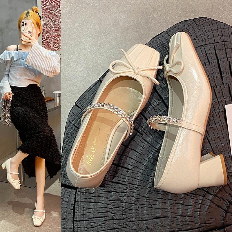Fashion 2025French Retro  Jane Shoes Woman Beige Elegant  Shoes Comfort Versatile Bowknot Single  chaussure femme