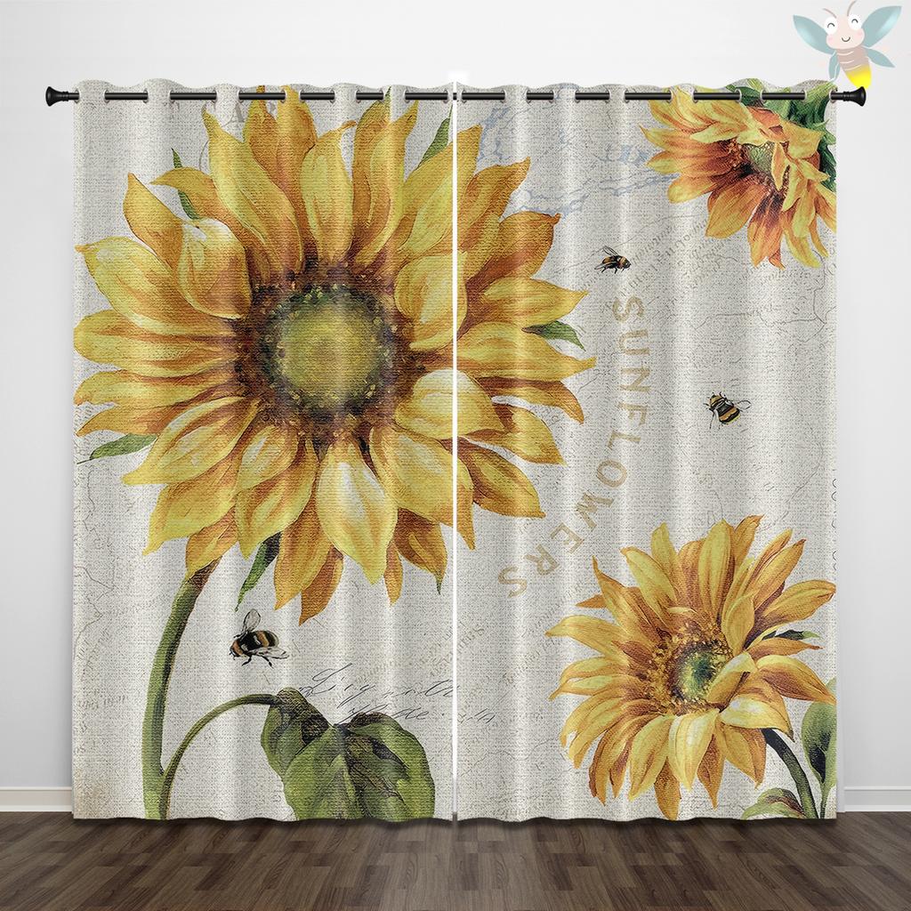 2 Stück bedruckte Vorhänge mit Sonnenblumenmuster, im Retro-Landhausstil für Schlafzimmer und Wohnzimmer