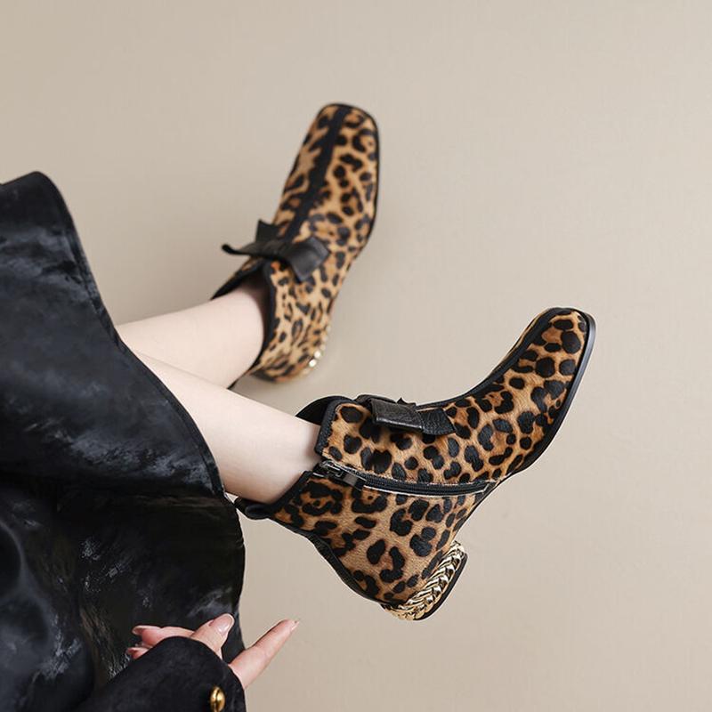 Fashion NEW Autumn/Winter Women Boots Square Toe Chunky Heel Shoes Horsehair Shoes Women Zip Ankle Boots Bow-knot Leopard Modern Boots
