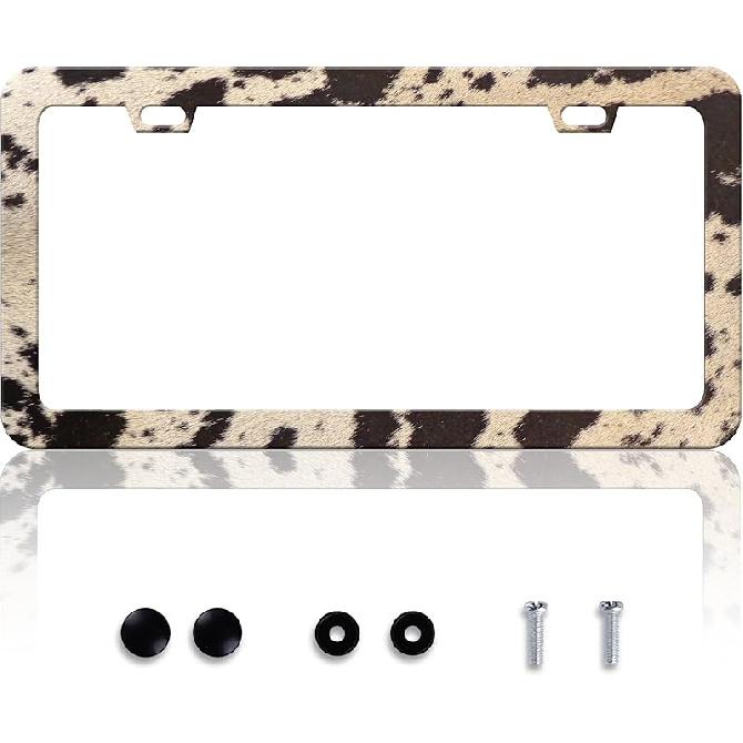 Grey Black Leopard Print License Plate Frame Cheetah License Plate Frames Personalise Stainless Steel Funny Design Compatible With Standard License