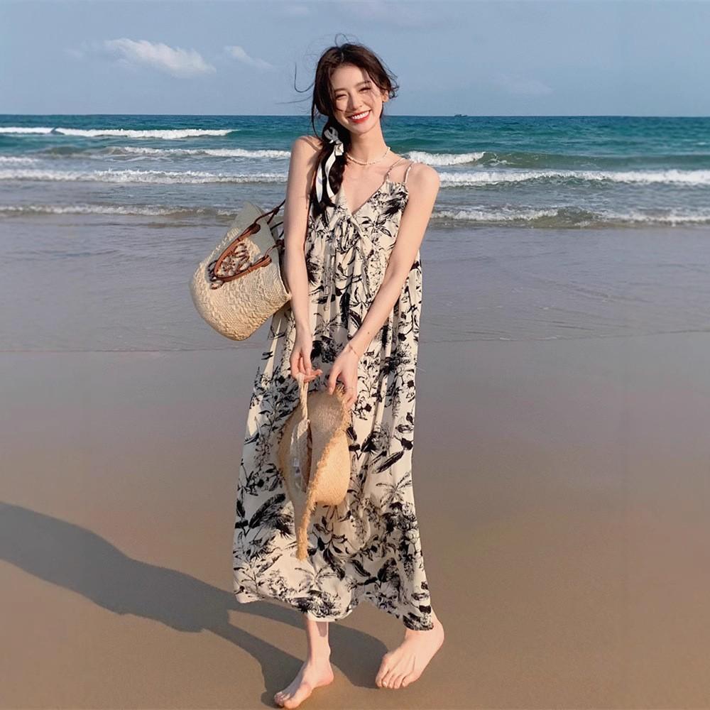 

Chinese Style Ink Printing V-neck Suspender Dress Summer Women s French Niche Loose Lazy Wind Knee Long S