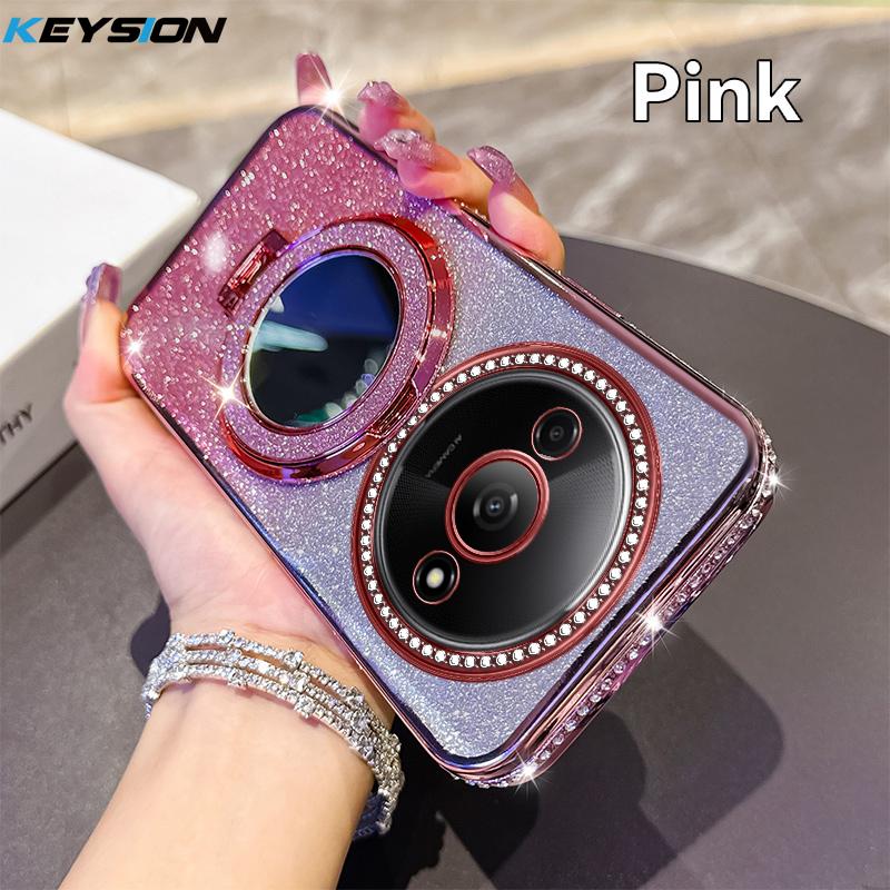 

KEYSION Роскошный блестящий магнитный чехол с драгоценностями для Redmi A3 A3X, чехол-подставка с зеркалом для макияжа, противоударный чехол для Xiaomi POCO C61 for Redmi A3 розовый