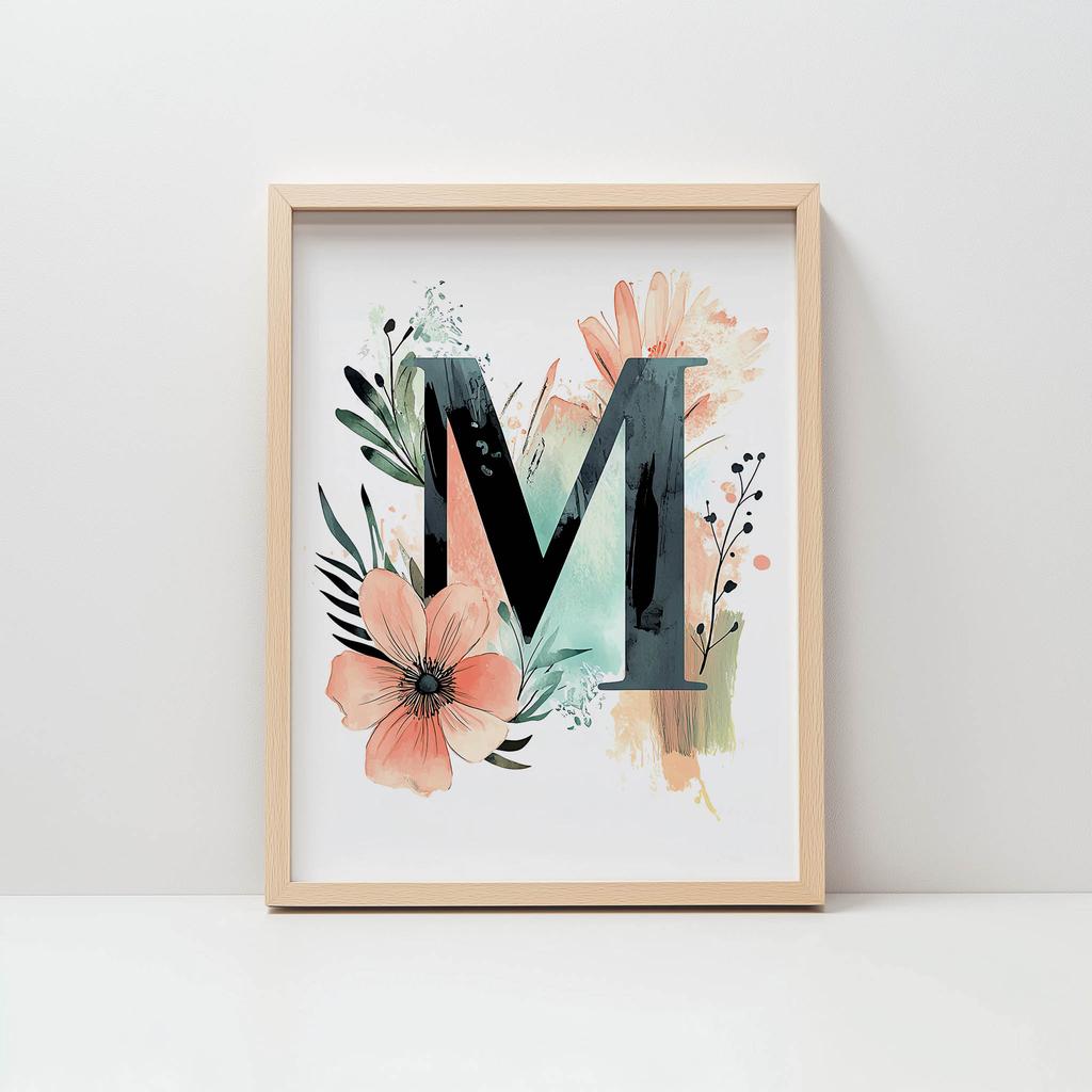 Plakat Litera "M" W Kolorowych Kwiatach I Liściach Plakat Litera "M" W Kolorowych Kwiatach I Liściach, 50X70 Cm, Bez Ramy, Papier Matowy 230 Gsm