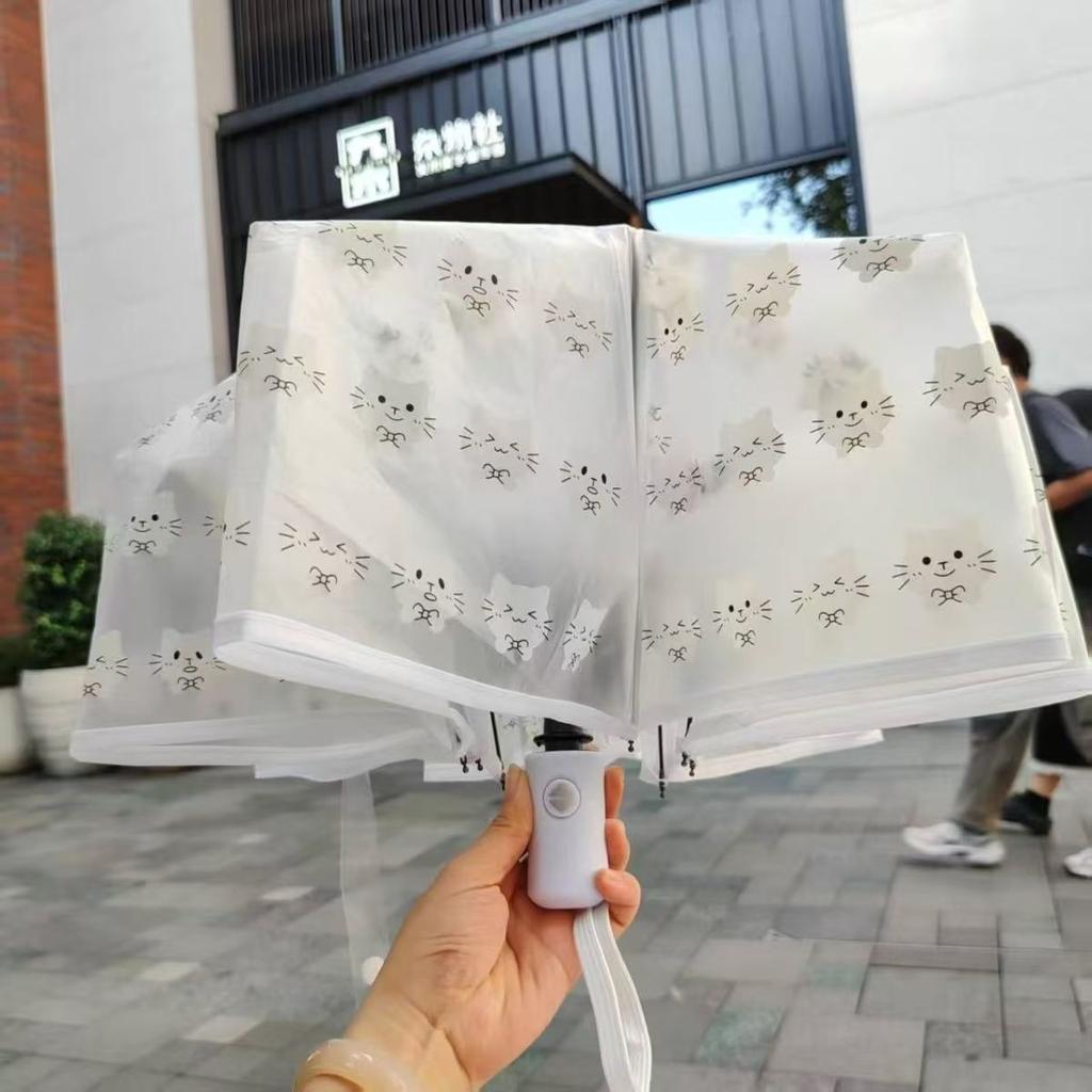 Cute Cartoon Cat Clear Umbrella Automatic Folding Parasol Transparent Sun Rain Umbrellas for Kids Students Women
