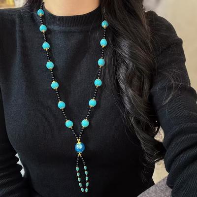 Vintage Artificial Turquoise Natural Black Agate Sweater Chain Necklace Collarbone Chain