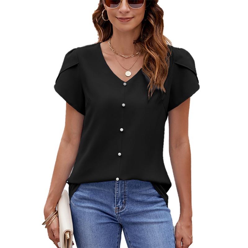 

Spring and summer new style V-neck short-sleeved loose chiffon button T-shirt women s top 2110 XXL чорний