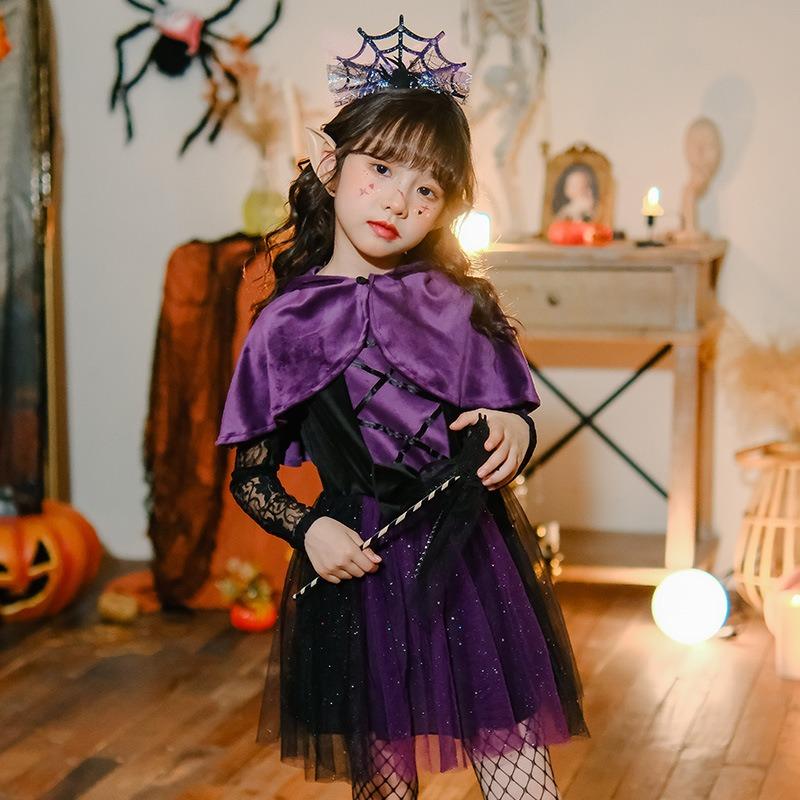 Halloween Children's Costume Purple Witch Costume Witch Dress Cloak Shawl Vampire Girl Show Costume