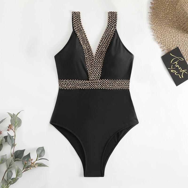 TS JYL-SW144 Black V-Neck Swimsuit, Tummy Control Triangle Swimwear For Spa S