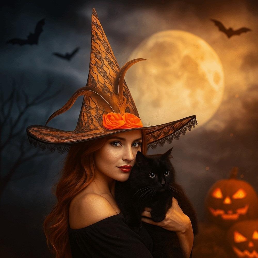 Lace Flower Wizard Cap Rose Feather Halloween Cap Creative Halloween Witch Hat  Women Men