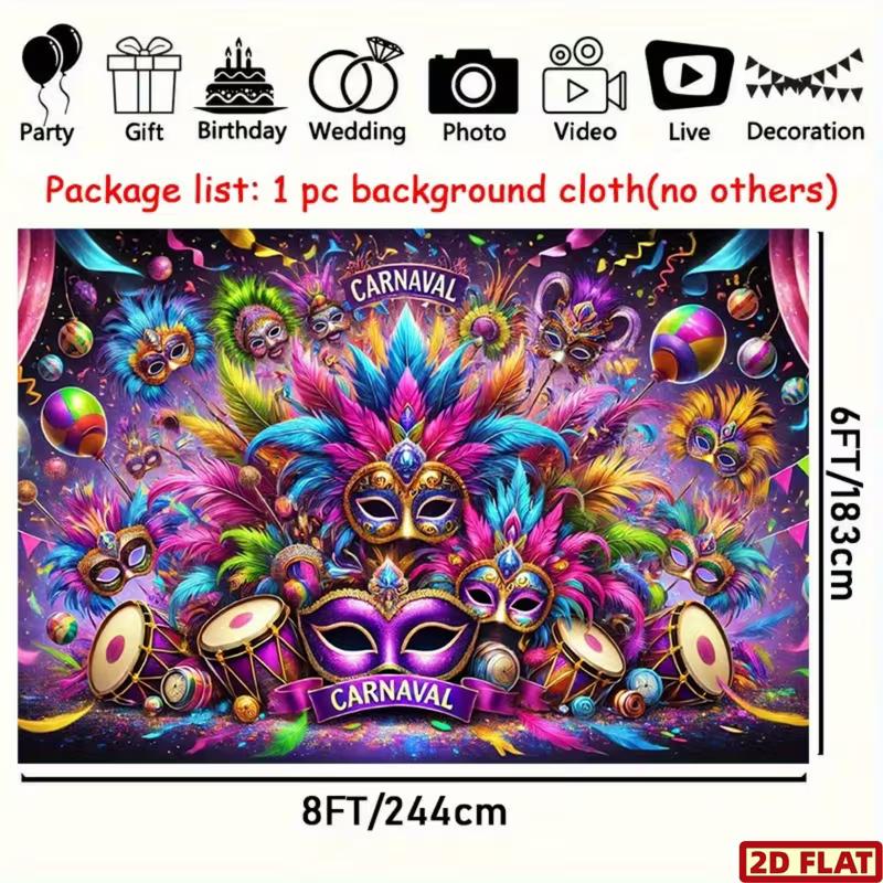 2D Carnaval Party Backdrop Vibrant Feather Mask Photo Booth Background