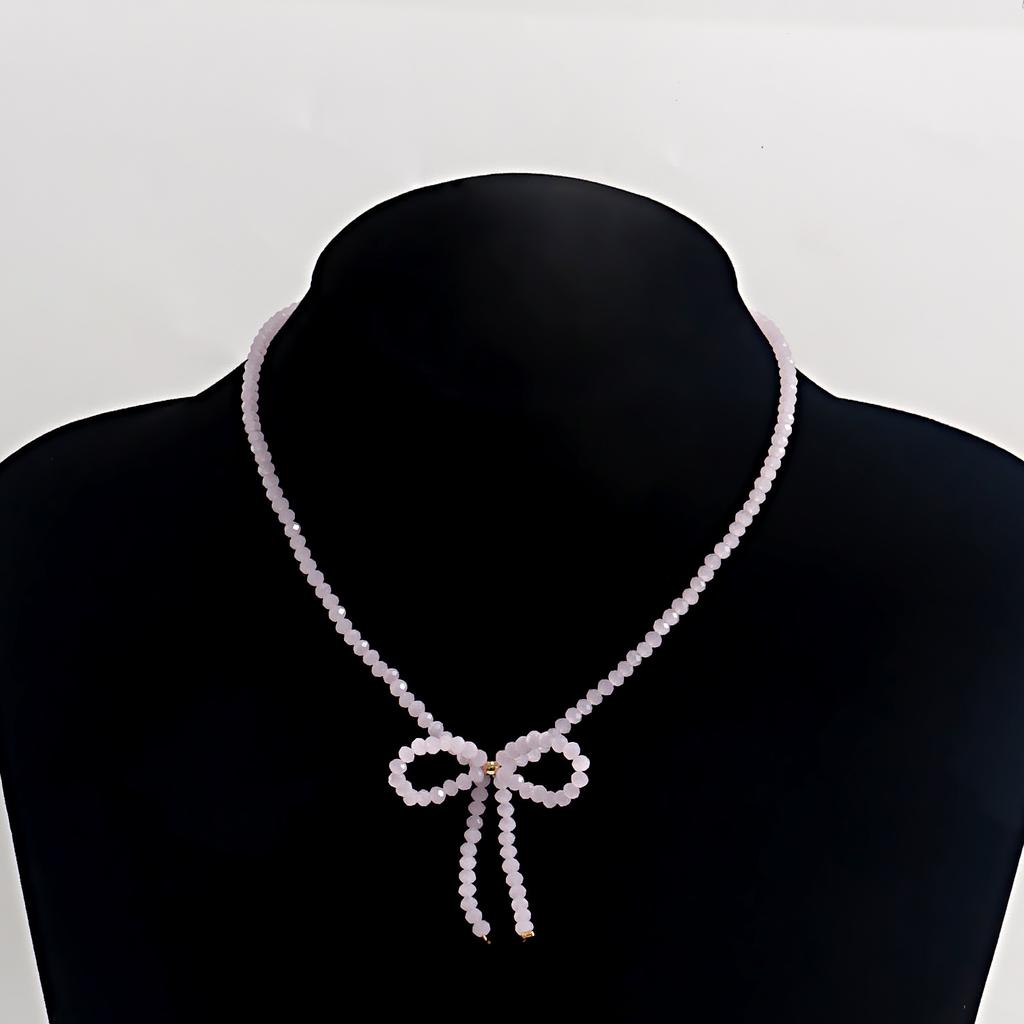 Crystal Bowknot Choker Necklace for Girls Trendy Romantic Handmade Rice Beads Short Neck Chain Jewelry Gift for Friends